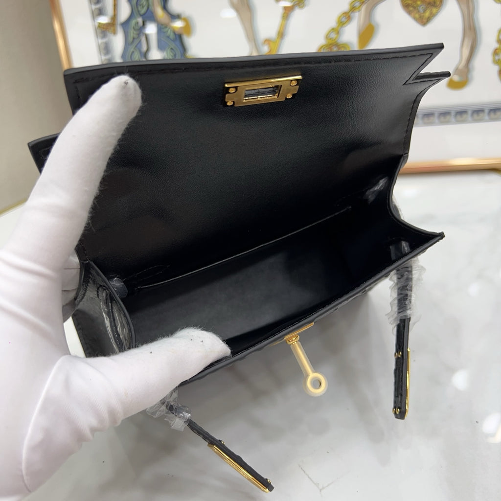 Mini Kelly Sellier 19cm Noir Ostrich Leather Gold Hardware Women Mini Handbag