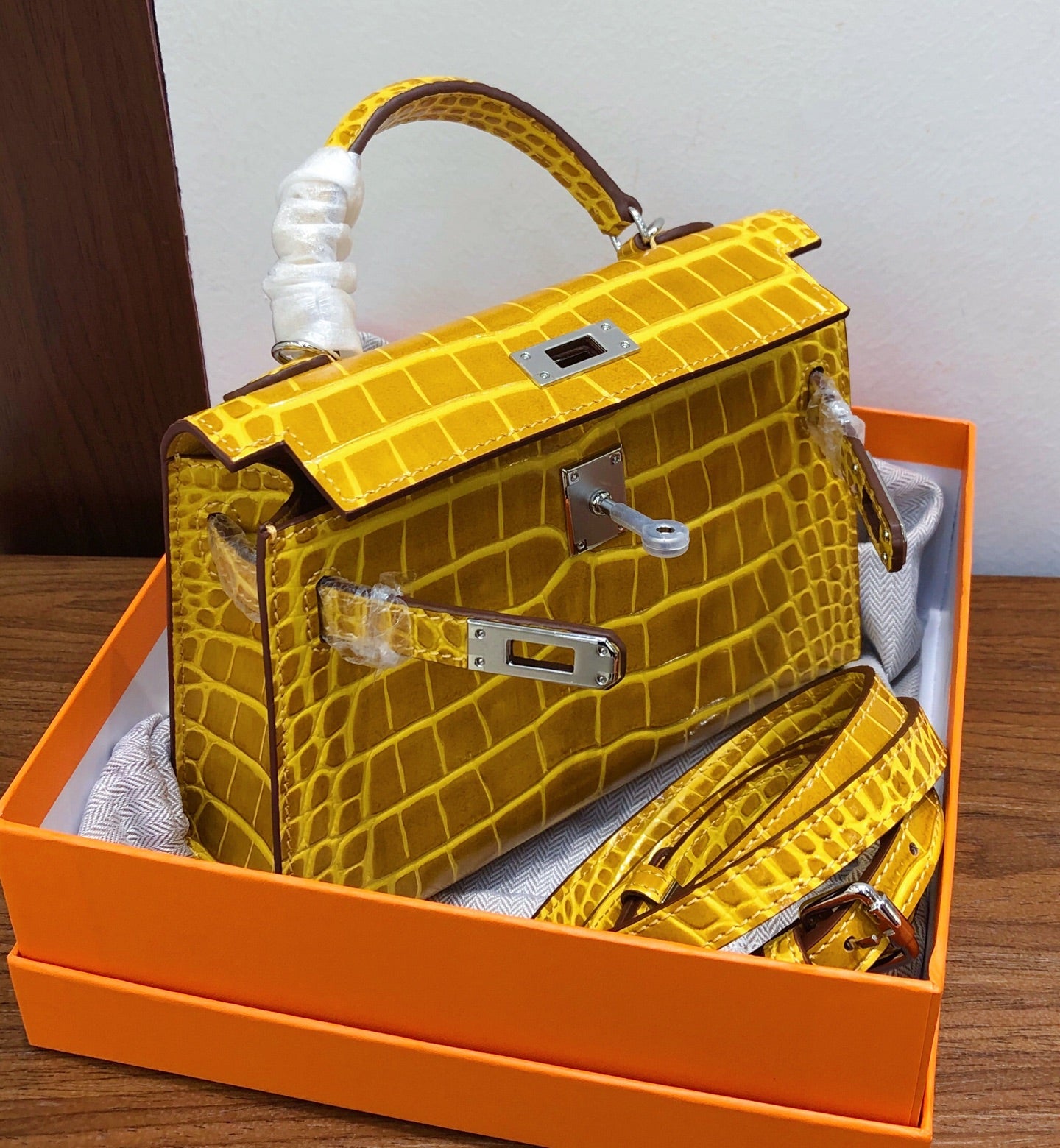 Kelly Sellier 19cm Jaune Ambre Shiny Crocodile Leather Gold Hardware & Palladium Hardware Women Handbag