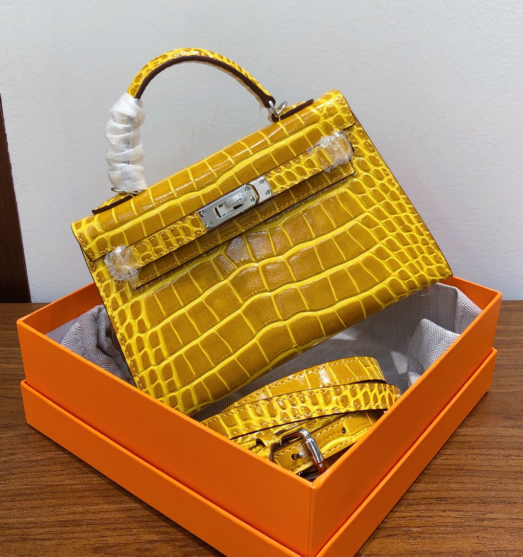 Kelly Sellier 19cm Jaune Ambre Shiny Crocodile Leather Gold Hardware & Palladium Hardware Women Handbag