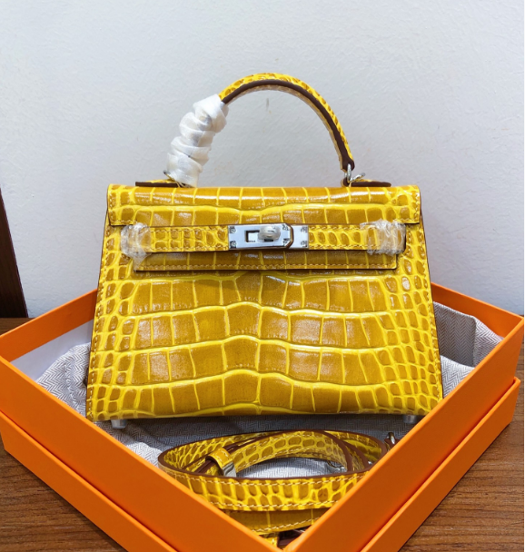 Kelly Sellier 19cm Jaune Ambre Shiny Crocodile Leather Gold Hardware & Palladium Hardware Women Handbag