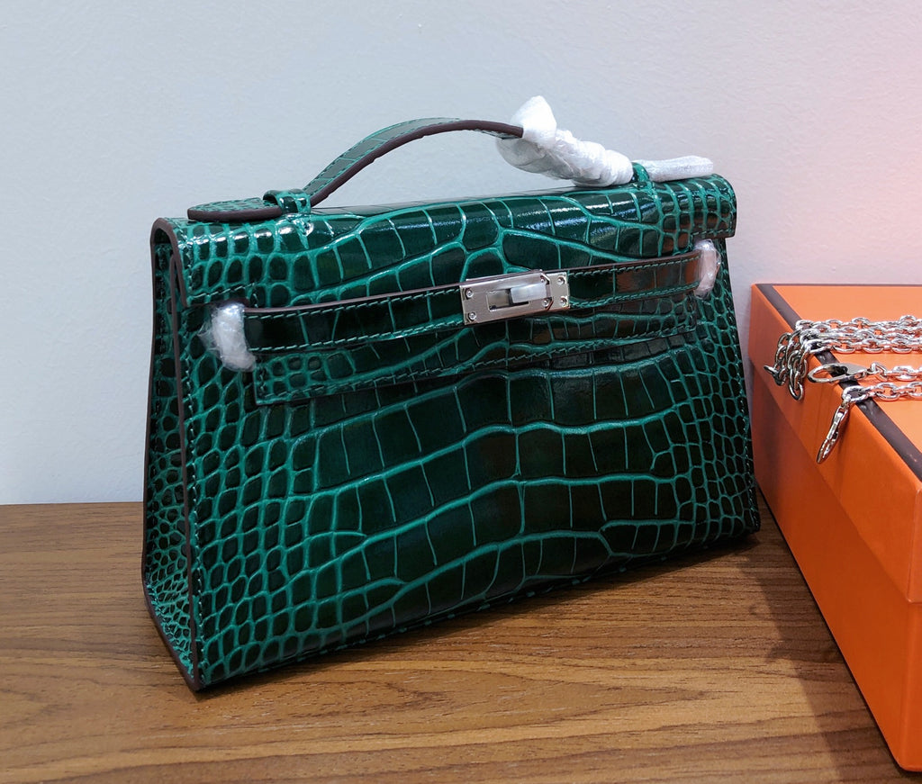 Kelly Pochette Vert Emeraude Shiny Niloticus Crocodile Leather Palladium Hardware Women Clutch Bag