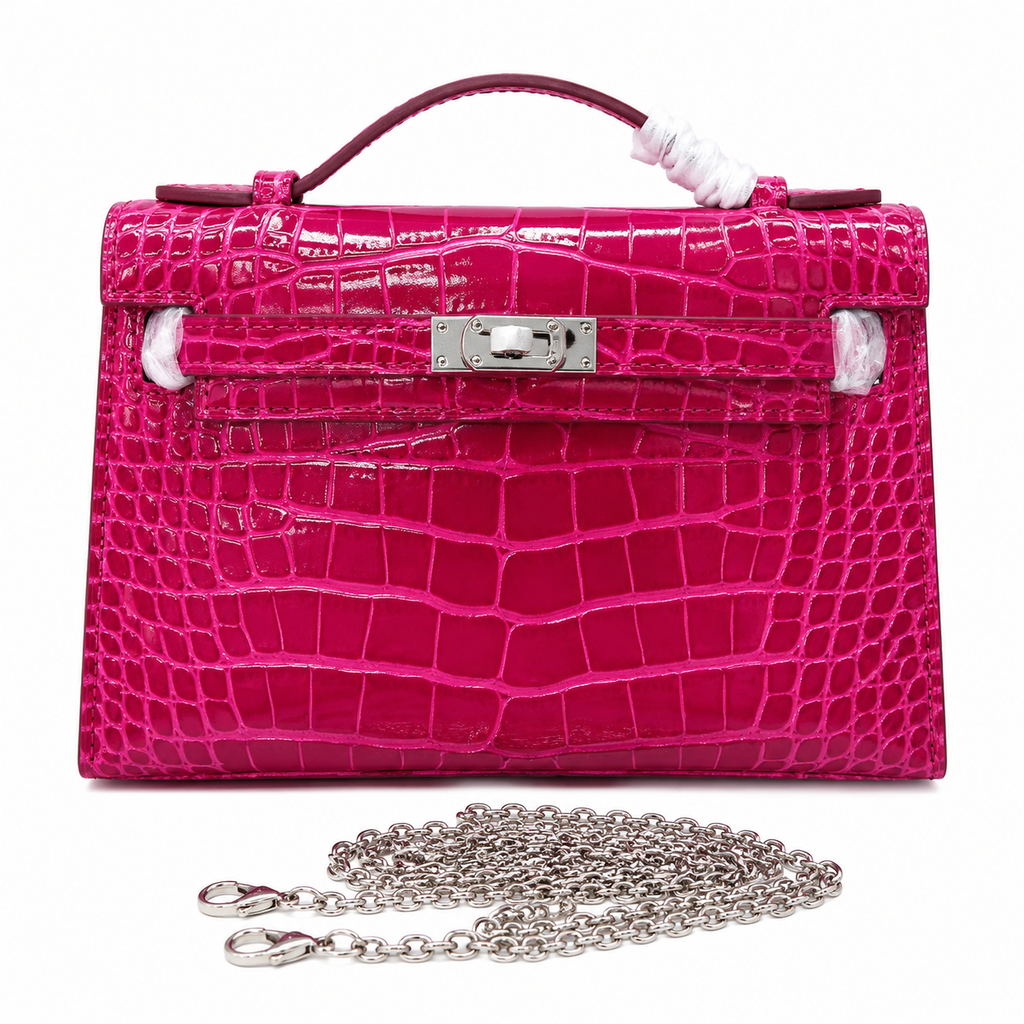 Kelly Pochette Fuchsia Shiny Niloticus Crocodile Leather Palladium Hardware Women Clutch Bag