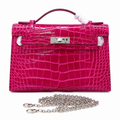 Kelly Pochette Fuchsia Shiny Niloticus Crocodile Leather Palladium Hardware Women Clutch Bag