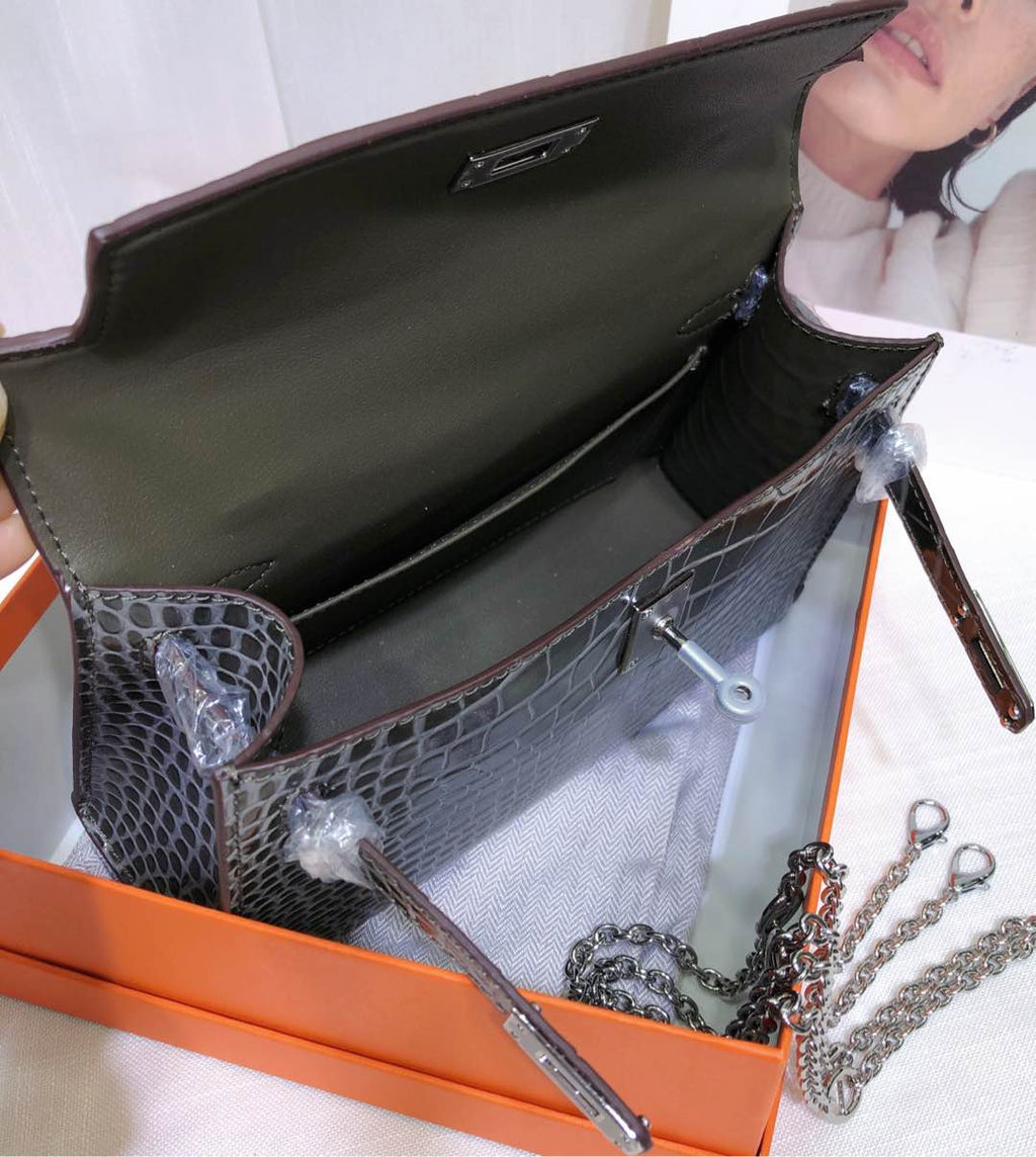 Kelly Pochette Gris Elephant Shiny Niloticus Crocodile Leather Palladium Hardware & Palladium Hardware Women Clutch Bag