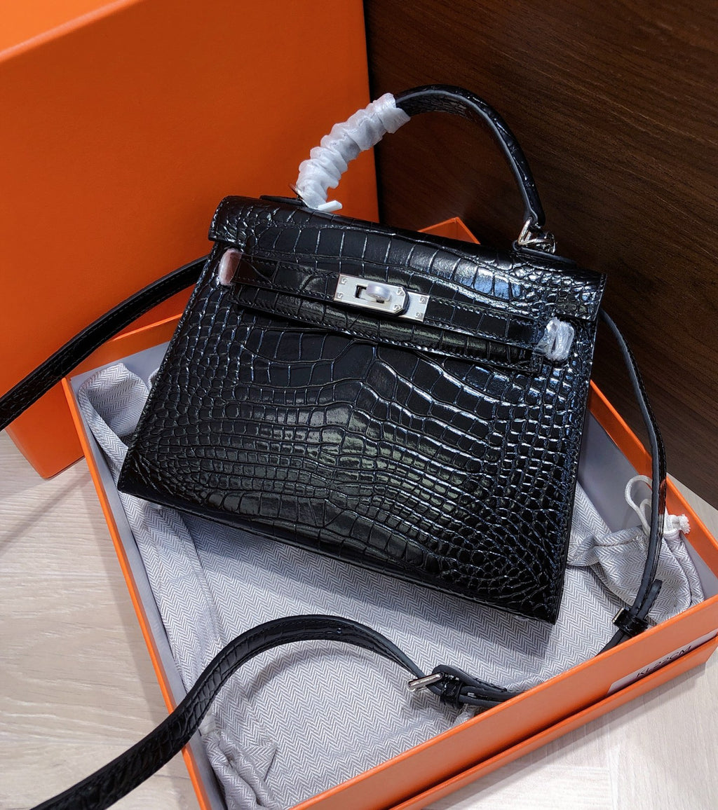Kelly Sellier 22cm Noir Shiny Crocodile Leather Gold Hardware & Palladium Hardware Women Handbag