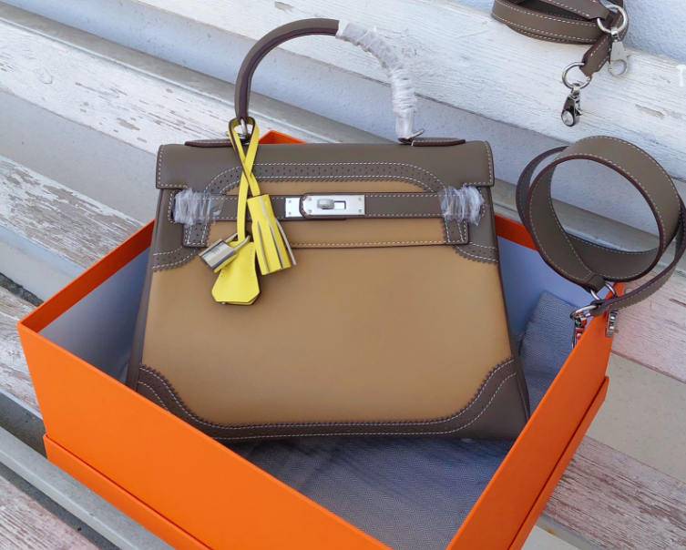 Kelly Sellier Ghillies 28cm Beige Poussière & Marron Foncé Barenia Leather Palladium Hardware Women Handbag