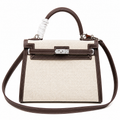 Kelly 25 Bag With Exterior Stitching Crafted Of Patchwork Canvas & Premium Swift Leather, Classic Deep Ebony Wood Shade, Unique Mixed Material Texture With Distinct Vintage Charm Dimensions: Length 25 * Width 10 * Height 18cm