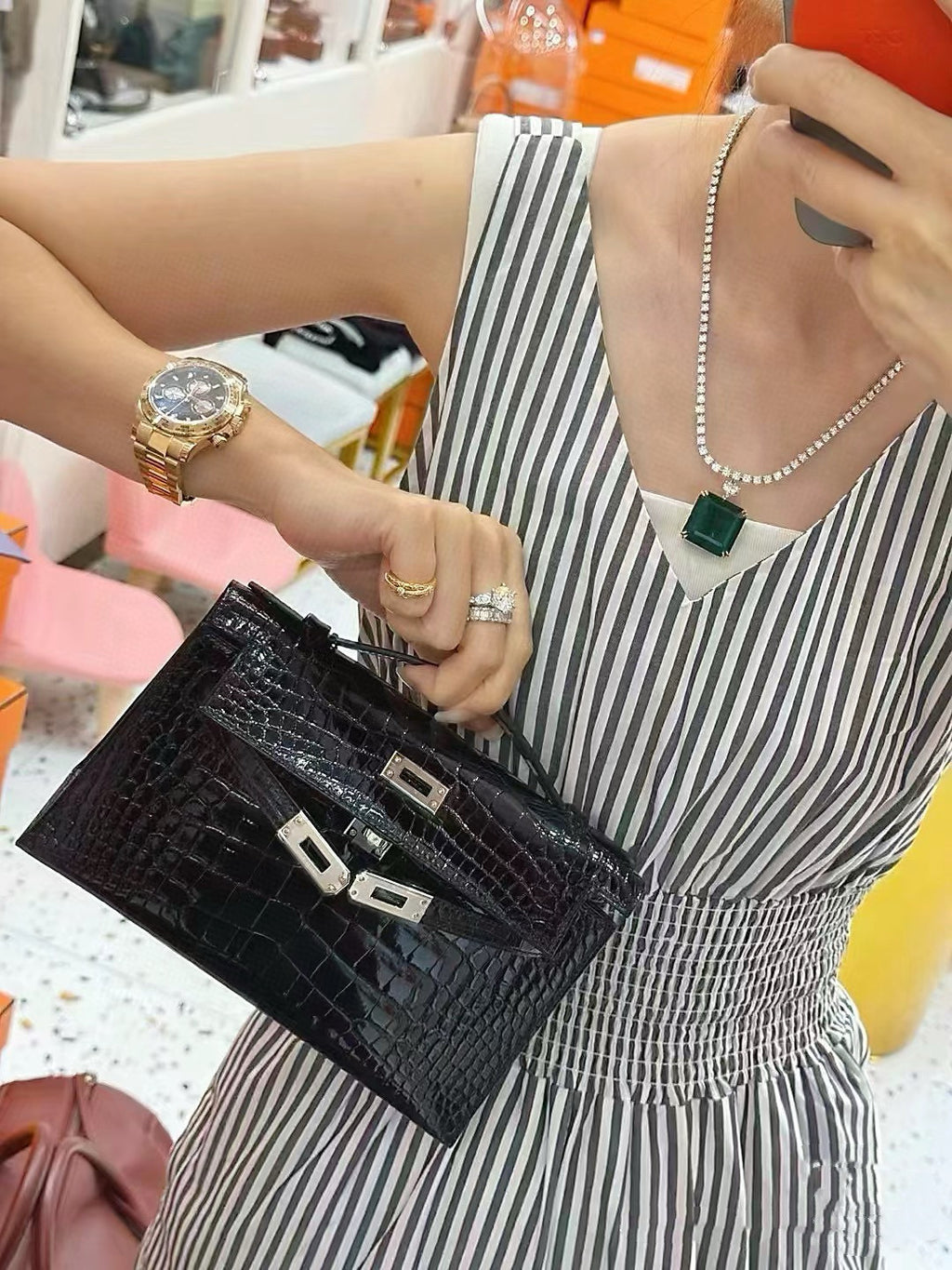 Kelly Pochette Noir Shiny Niloticus Crocodile Leather Palladium Hardware & Palladium Hardware Women Clutch Bag
