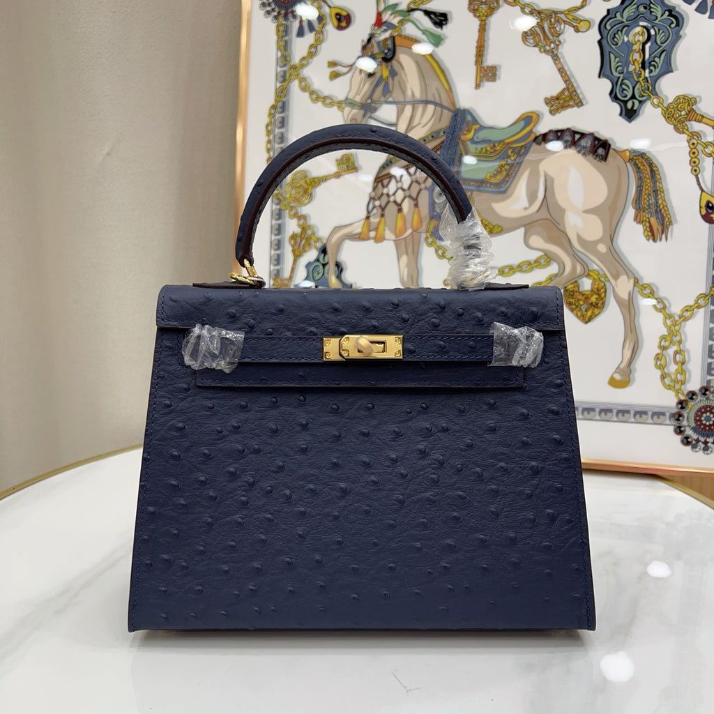 elly Sellier 25cm Bleu Nuit Ostrich Gold Hardware Luxury Commute Handbag