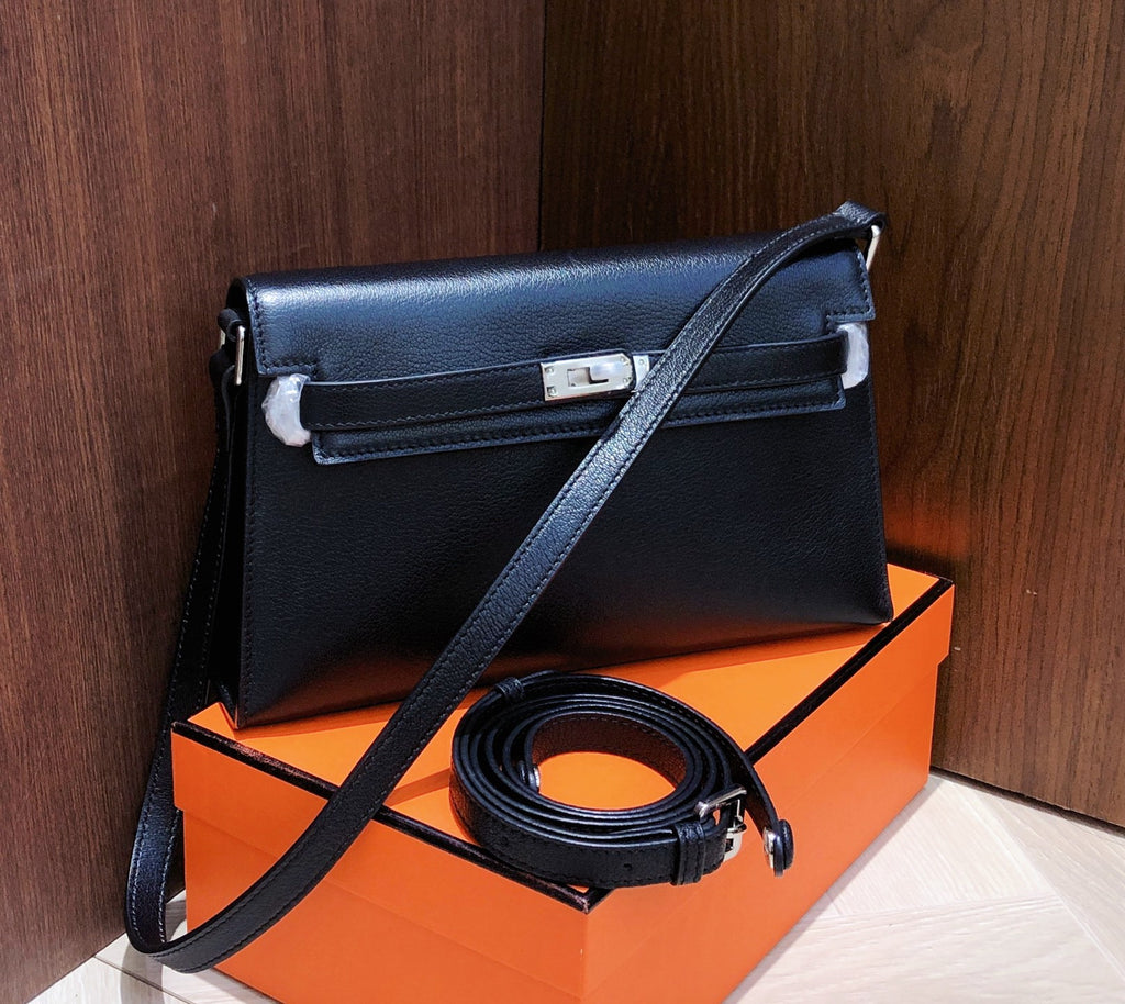 Kelly Elan 25 Underarm Baguette Bag, Genuine Top Layer Cowhide Goat Grain Leather, Silver Hardware Black Unisex Shoulder Purse, Multiway Crossbody Handheld Daily Bag, High Practical Daily Bag Size 25×6.5×15cm