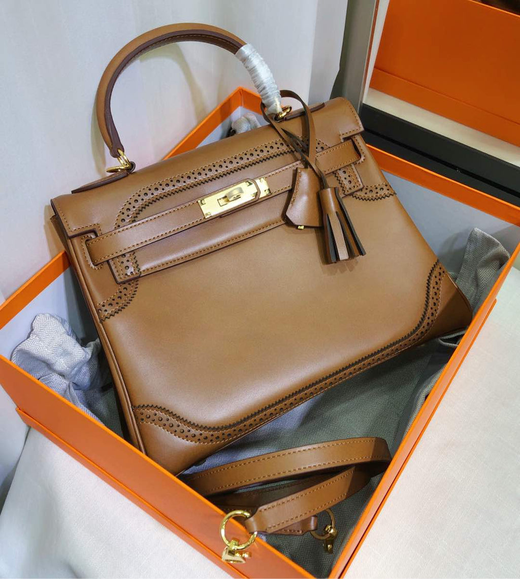 Kelly Sellier Ghillies 28cm Natural Sable Barenia Leather Gold Hardware Women Handbag