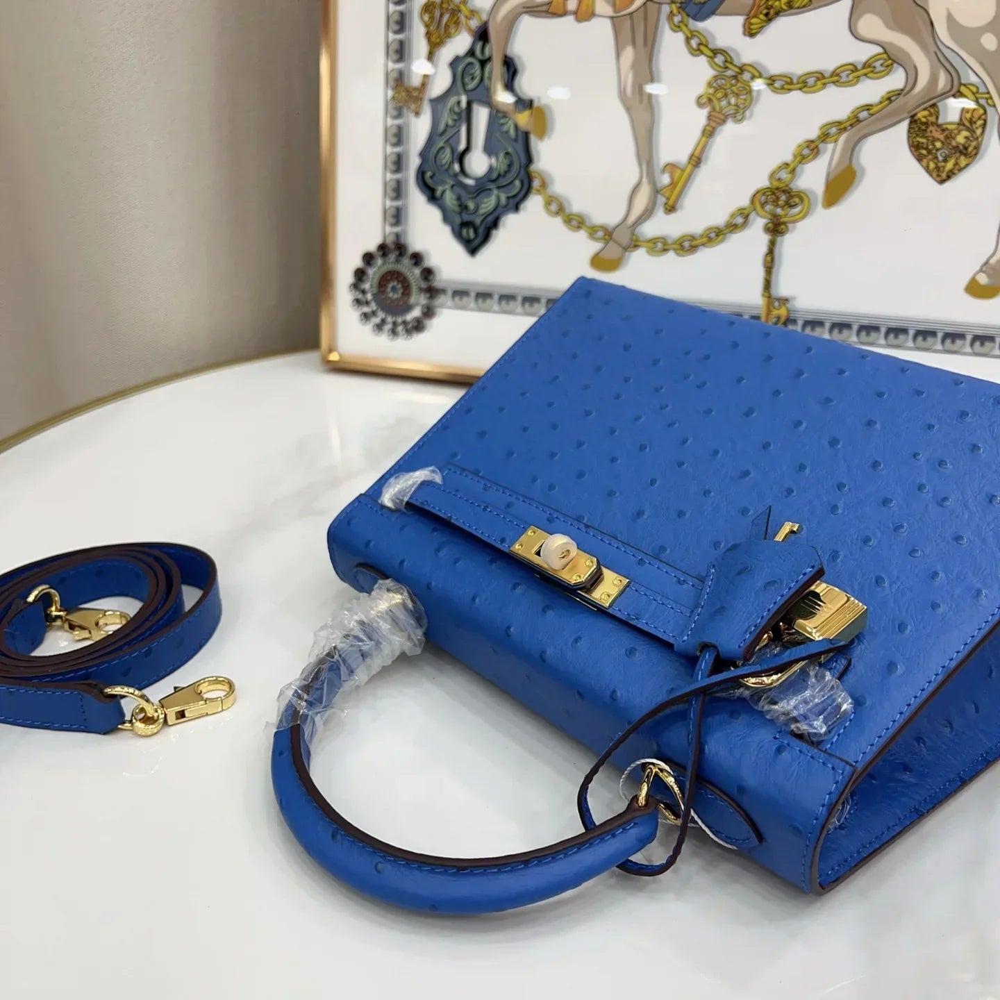 Kelly 25 Sellier Ostrich Bleuet Gold Hardware