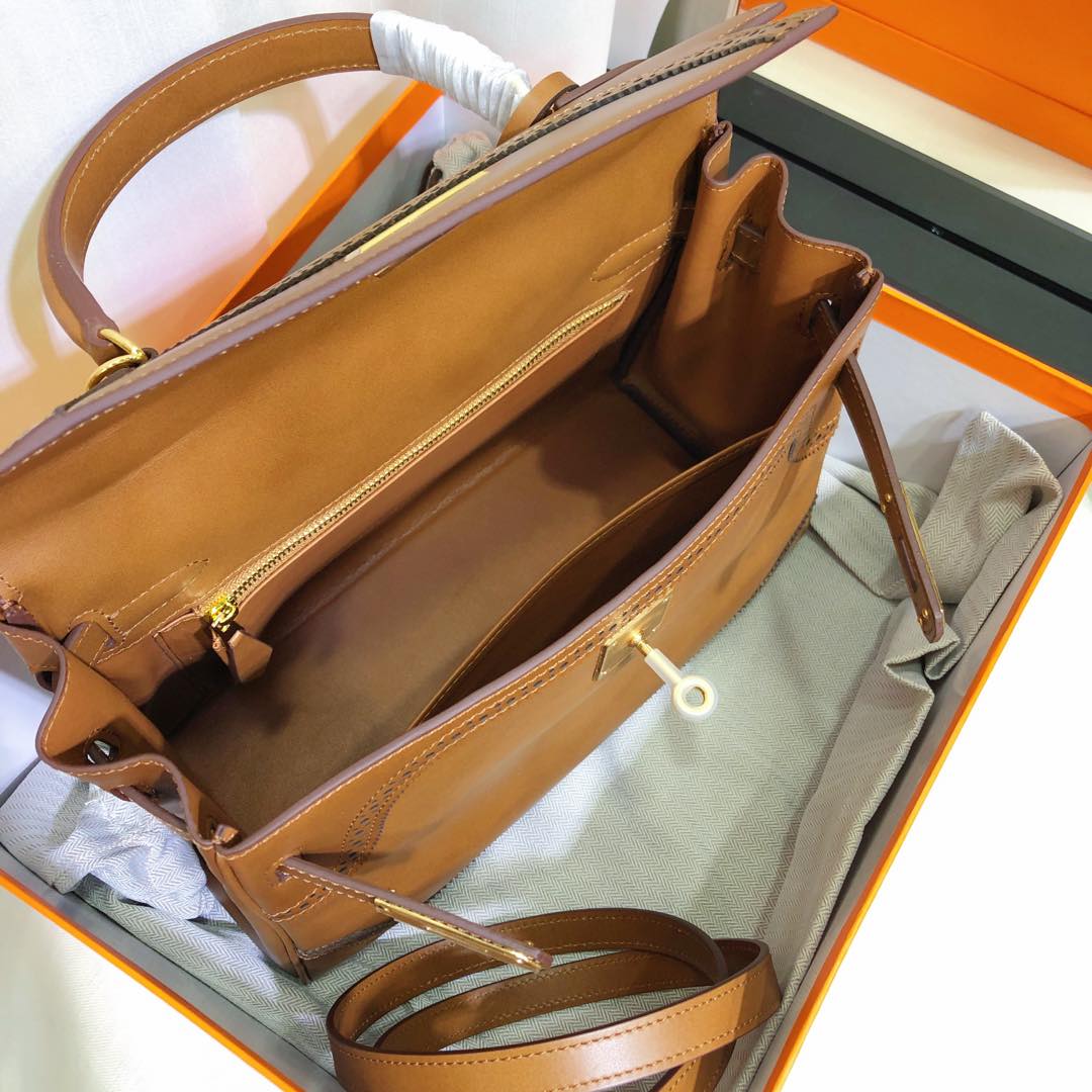 Kelly Sellier Ghillies 28cm Natural Sable Barenia Leather Gold Hardware Women Handbag