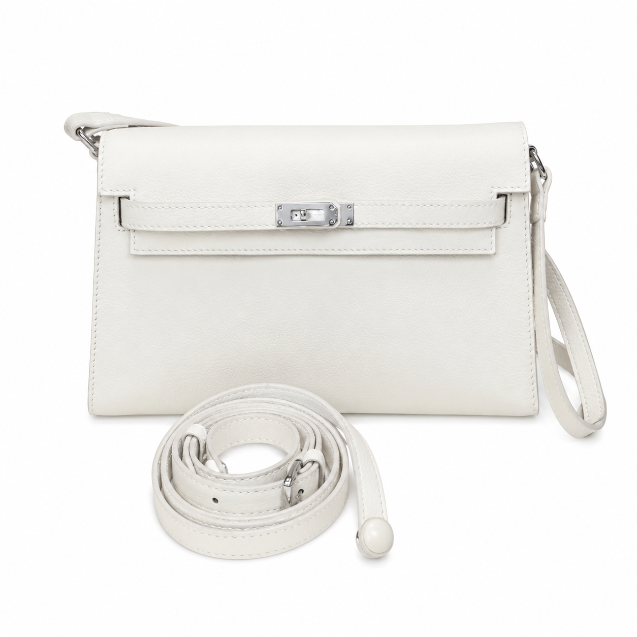Kelly Elan 25 Underarm Baguette Bag, Genuine Top Layer Cowhide Goat Grain Leather, Silver Hardware Off White Shoulder Handbag, Youthful Elegant Goddess Daily Purse Size 25×6.5×15cm