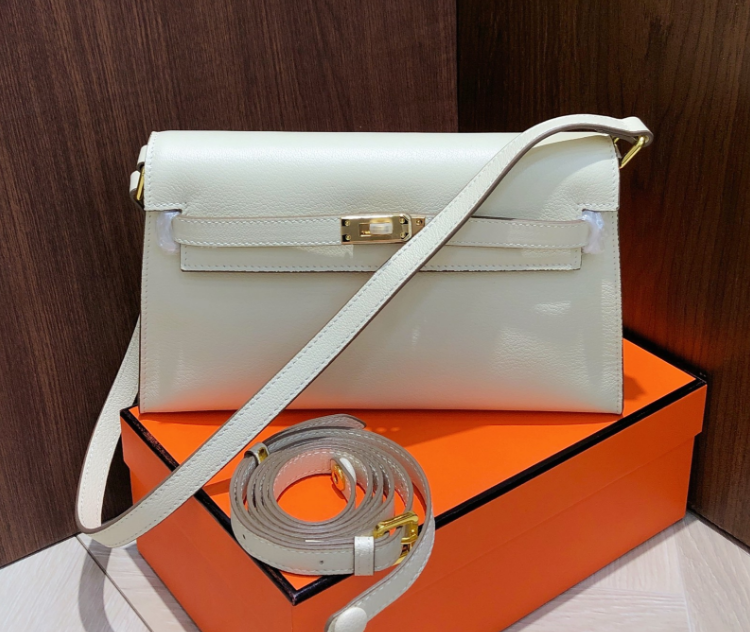 Kelly Elan 25 Underarm Baguette Bag, Genuine Top Layer Cowhide with Goat Grain, Gold Hardware Minimalist Off White Shoulder Handbag, Size 25×6.5×15cm Elegant Soft Tone Daily Purse for Women