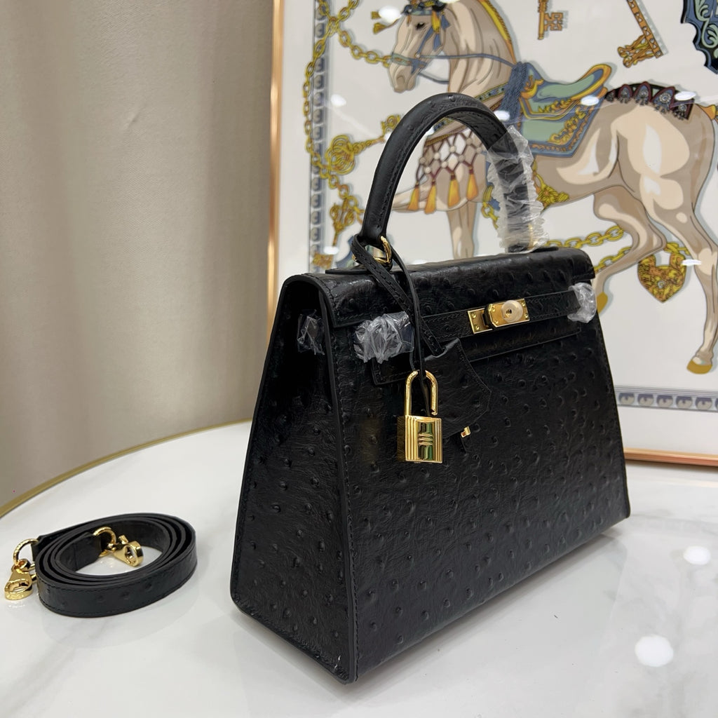 Kelly Sellier 25cm Noir Black Ostrich Gold Hardware Designer Shoulder Tote