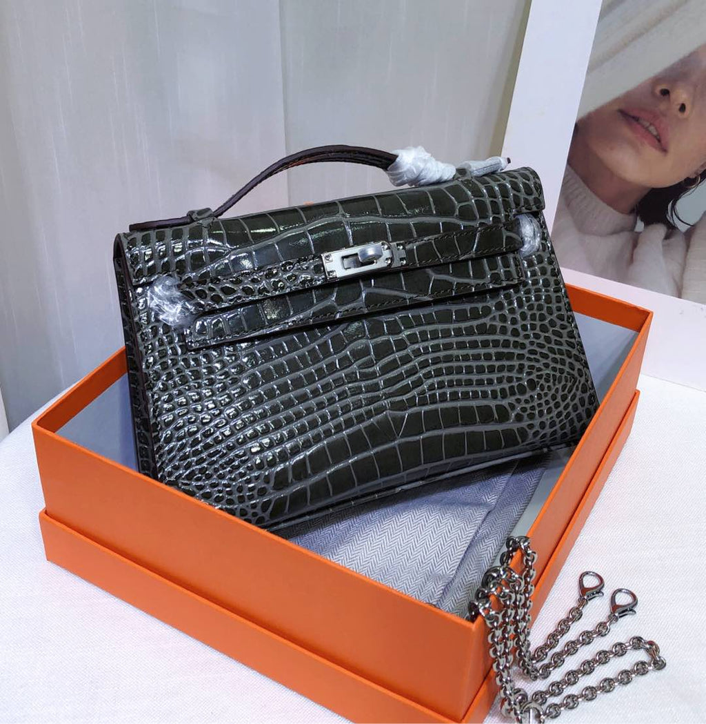 Kelly Pochette Gris Elephant Shiny Niloticus Crocodile Leather Palladium Hardware & Palladium Hardware Women Clutch Bag