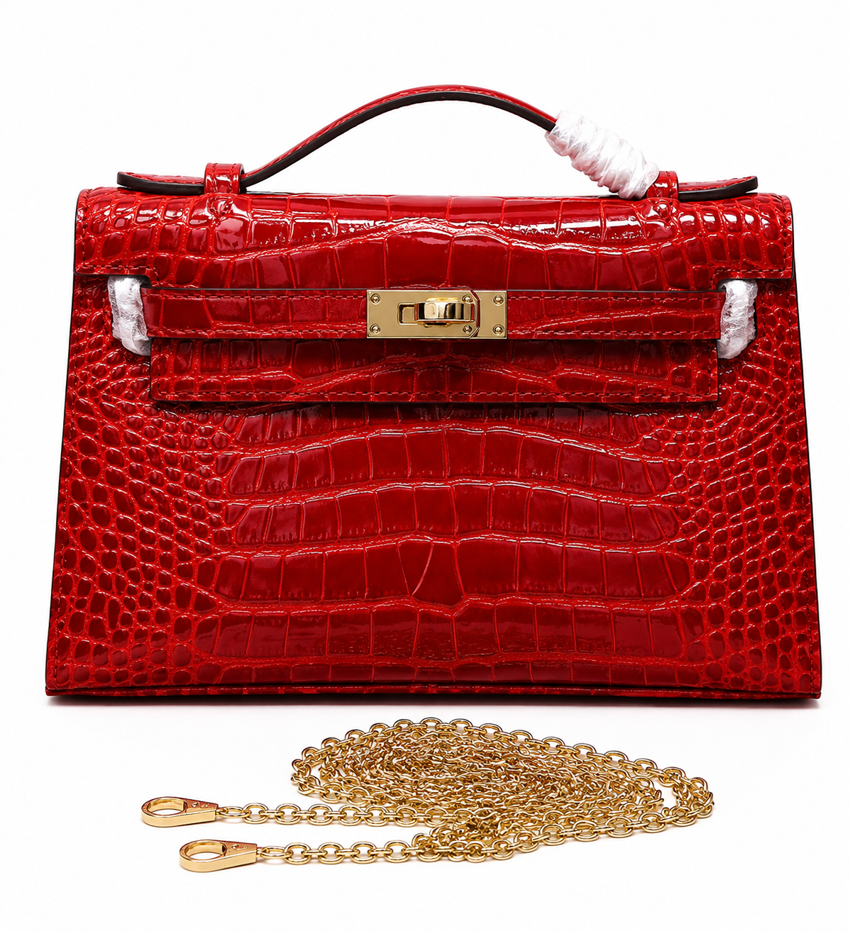 Kelly Pochette Rouge Casa Shiny Niloticus Crocodile Leather Gold Hardware Women Clutch Bag
