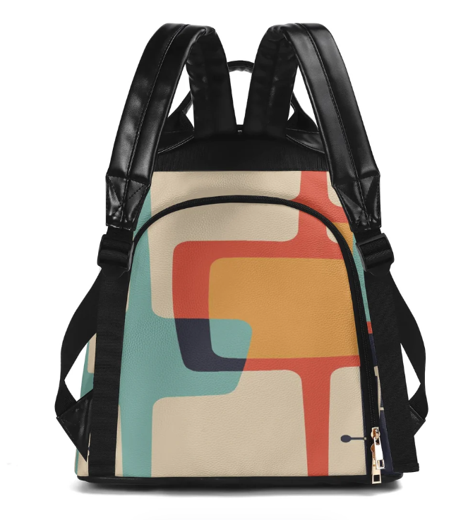 Retro Atomic Cat Print PU Leather Backpack