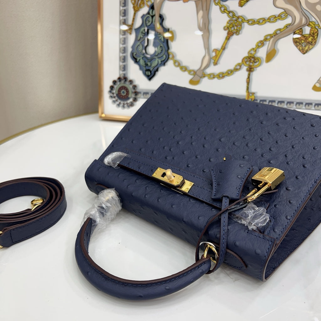 elly Sellier 25cm Bleu Nuit Ostrich Gold Hardware Luxury Commute Handbag