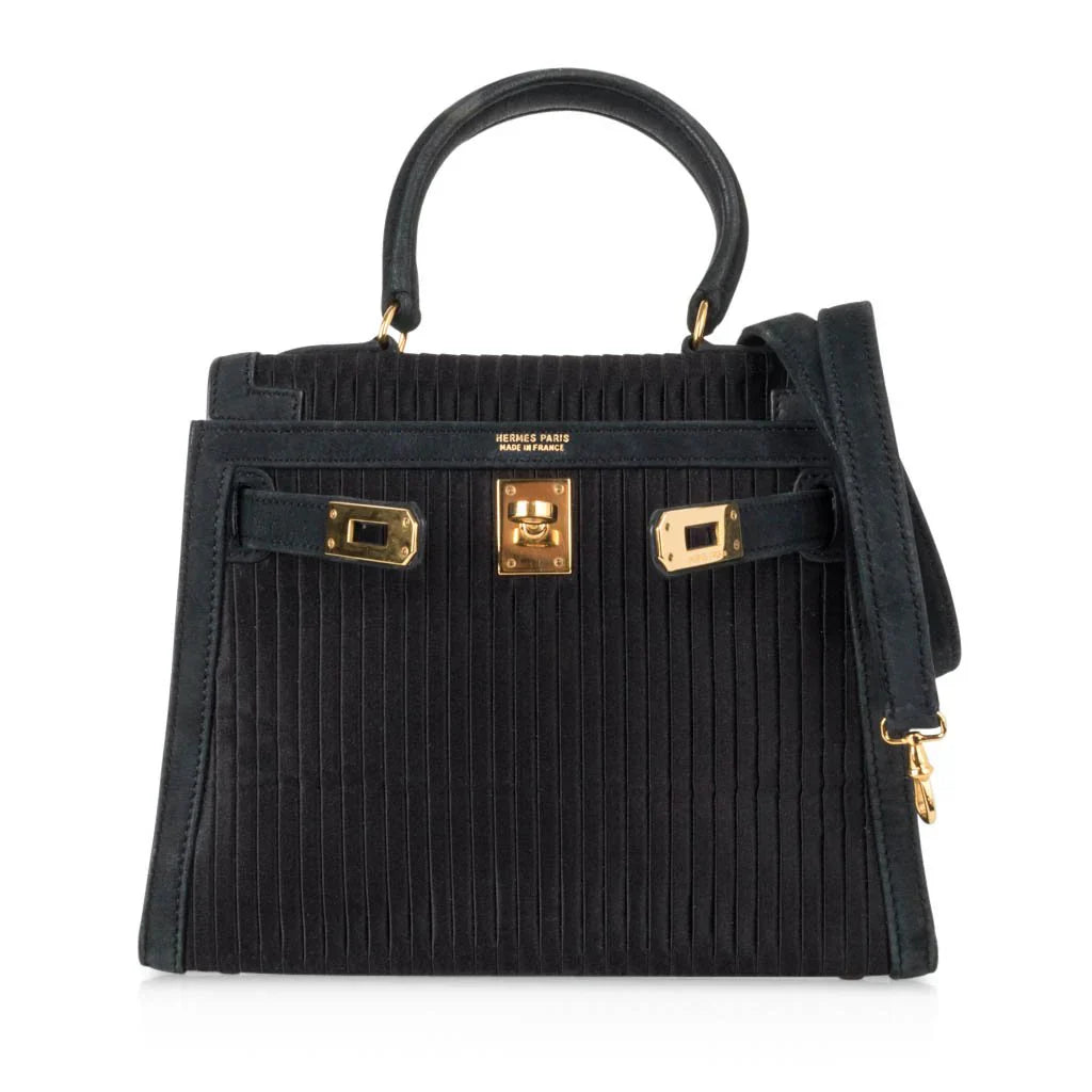 Kelly 20 Mini Vintage Bag Black Pleated Silk Suede Trim Gold Hardware