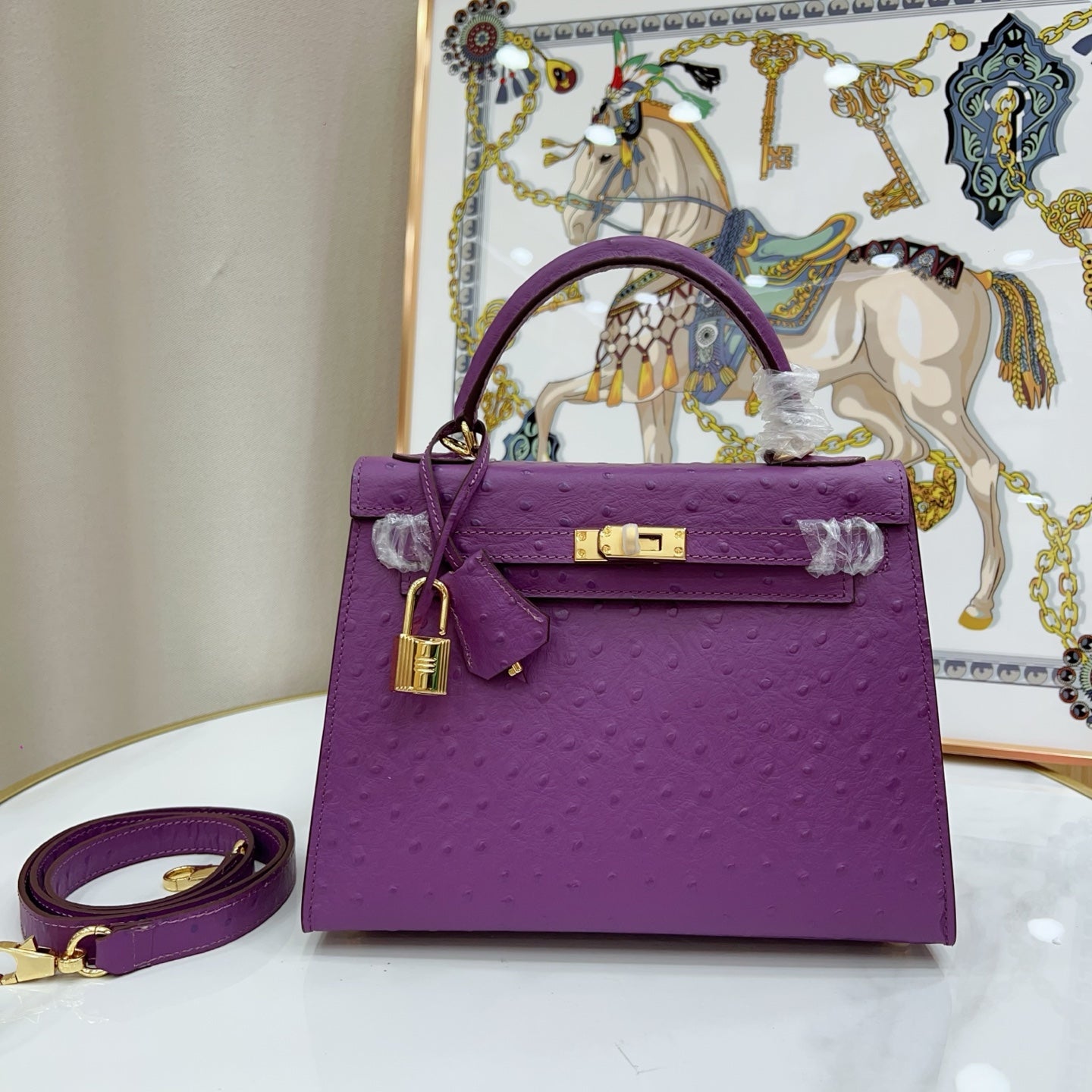 Kelly Sellier 25cm Violine Ostrich Gold Hardware Luxury Commute Handbag