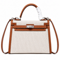 Kelly 25 Bag With Outside Stitching Constructed Of Patchwork Canvas & Premium Soft Swift Leather, Rich Warm Brown Tone Delivers Full-Bodied Vintage Luxury Texture Dimensions: Length 25 * Width 10 * Height 18cm