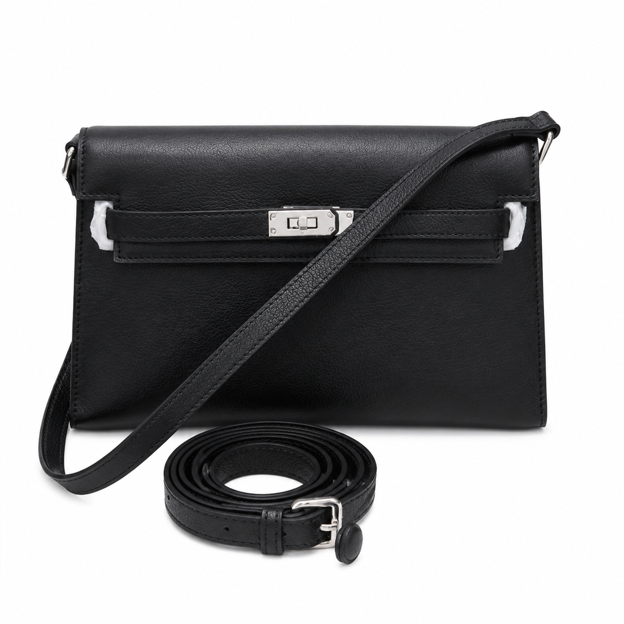 Kelly Elan 25 Underarm Baguette Bag, Genuine Top Layer Cowhide Goat Grain Leather, Silver Hardware Black Unisex Shoulder Purse, Multiway Crossbody Handheld Daily Bag, High Practical Daily Bag Size 25×6.5×15cm