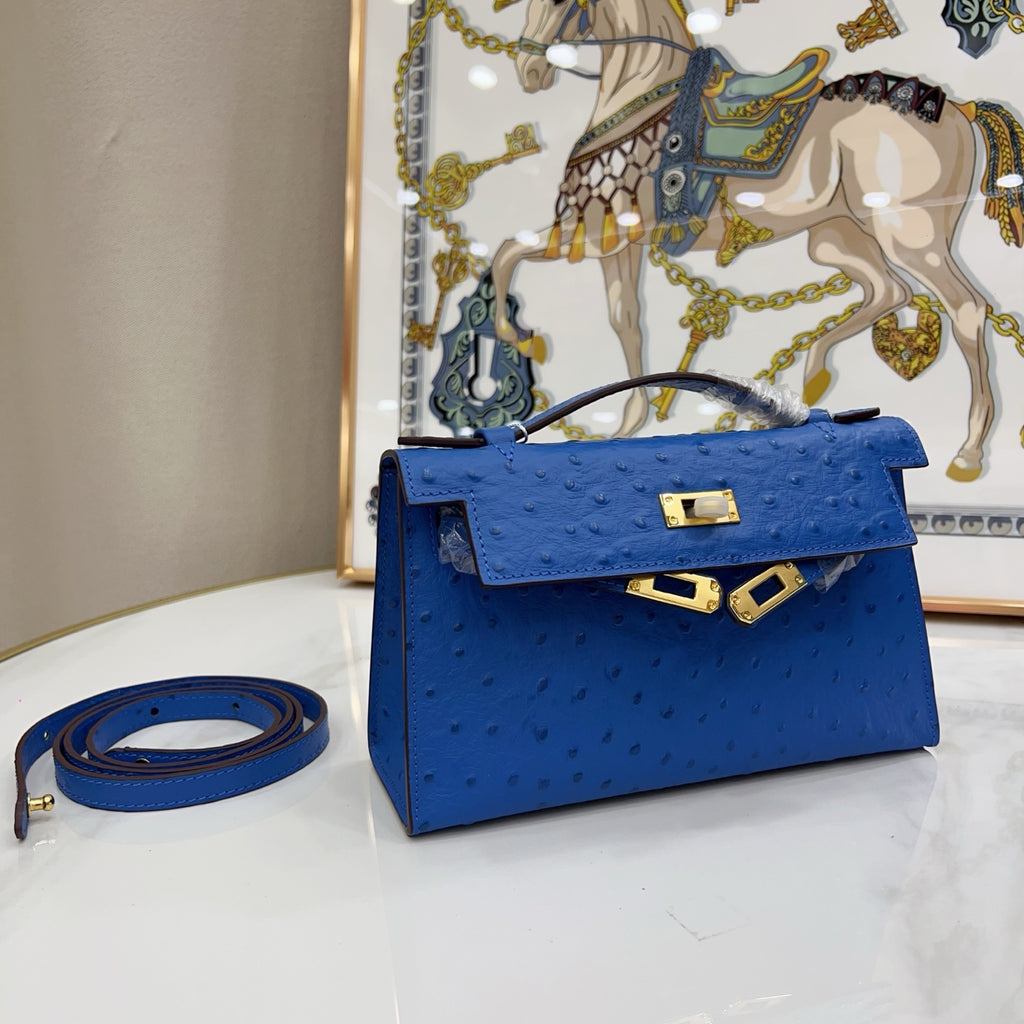 Mini Kelly Sellier 22cm Bleu Electrique Ostrich Leather Gold Hardware Women Mini Handbag