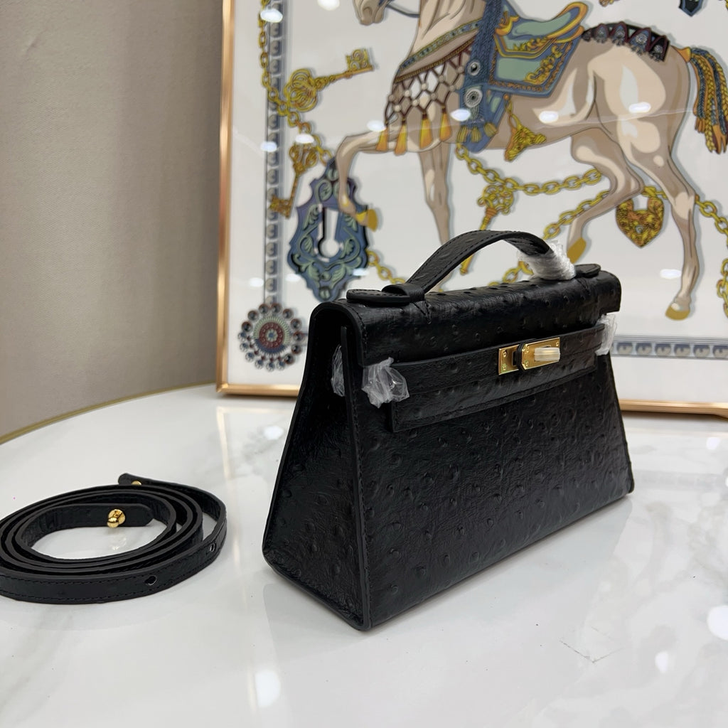Mini Kelly Sellier 22cm Noir Ostrich Leather Gold Hardware Women Mini Handbag