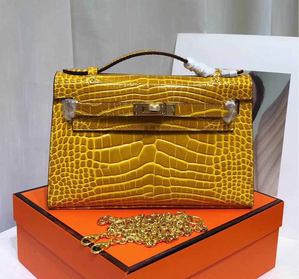 Kelly Pochette Jaune Ambre Shiny Niloticus Crocodile Leather Palladium Hardware Women Clutch Bag