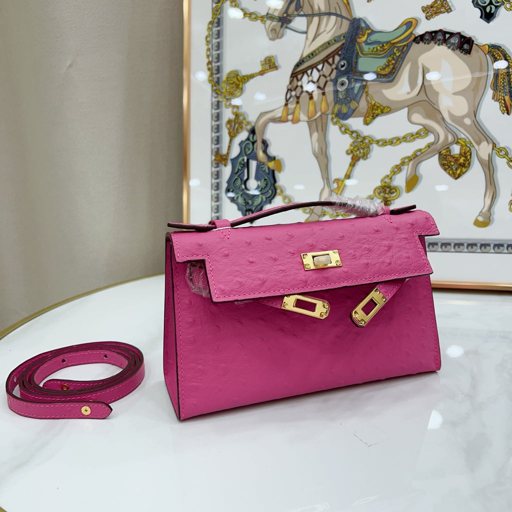 Mini Kelly Sellier 22cm Rose Tyrien Ostrich Leather Gold Hardware Women Mini Handbag
