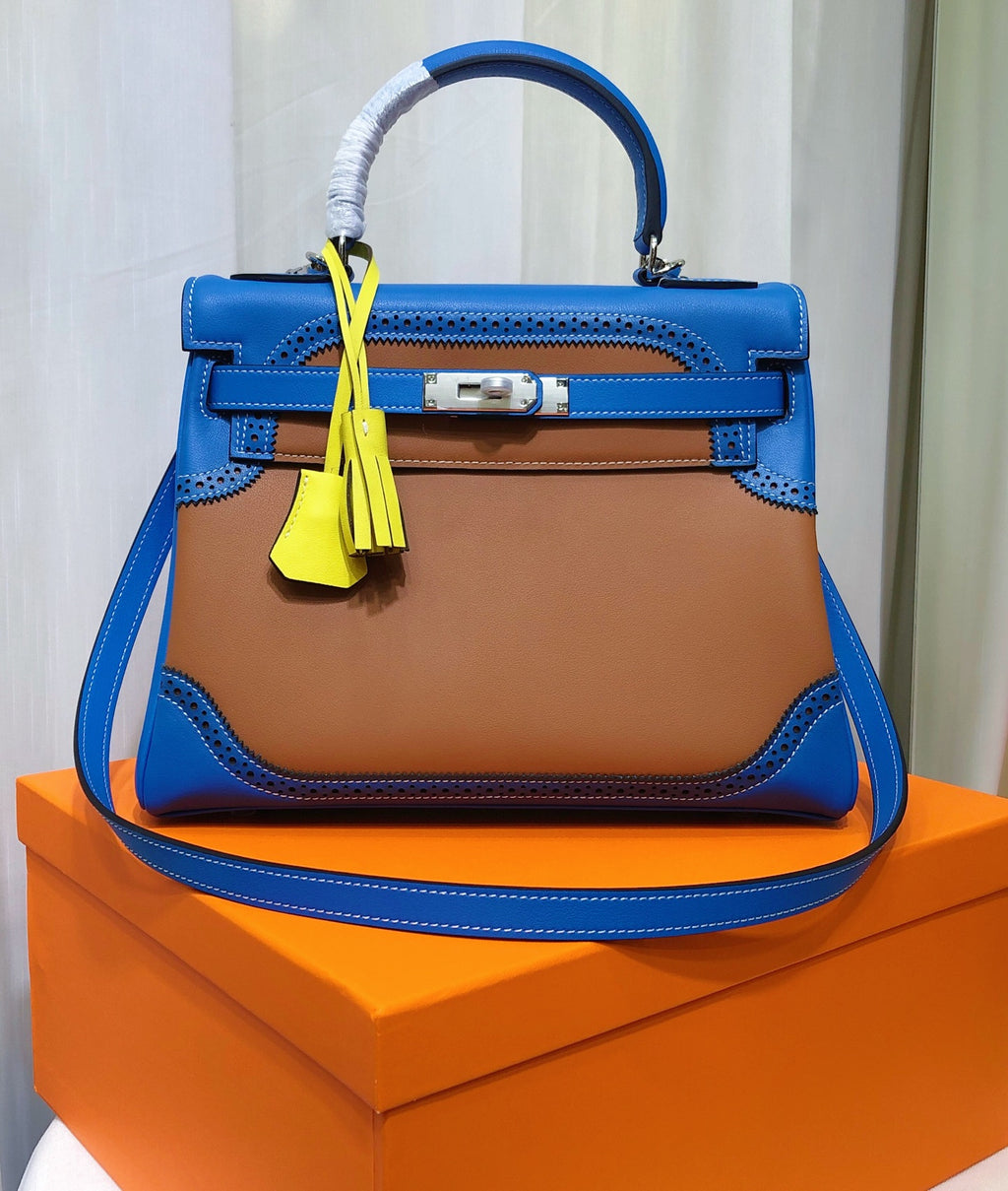Kelly Sellier Ghillies 28cm Bleu Izmir & Natural Sable Barenia Leather Palladium Hardware Women Handbag