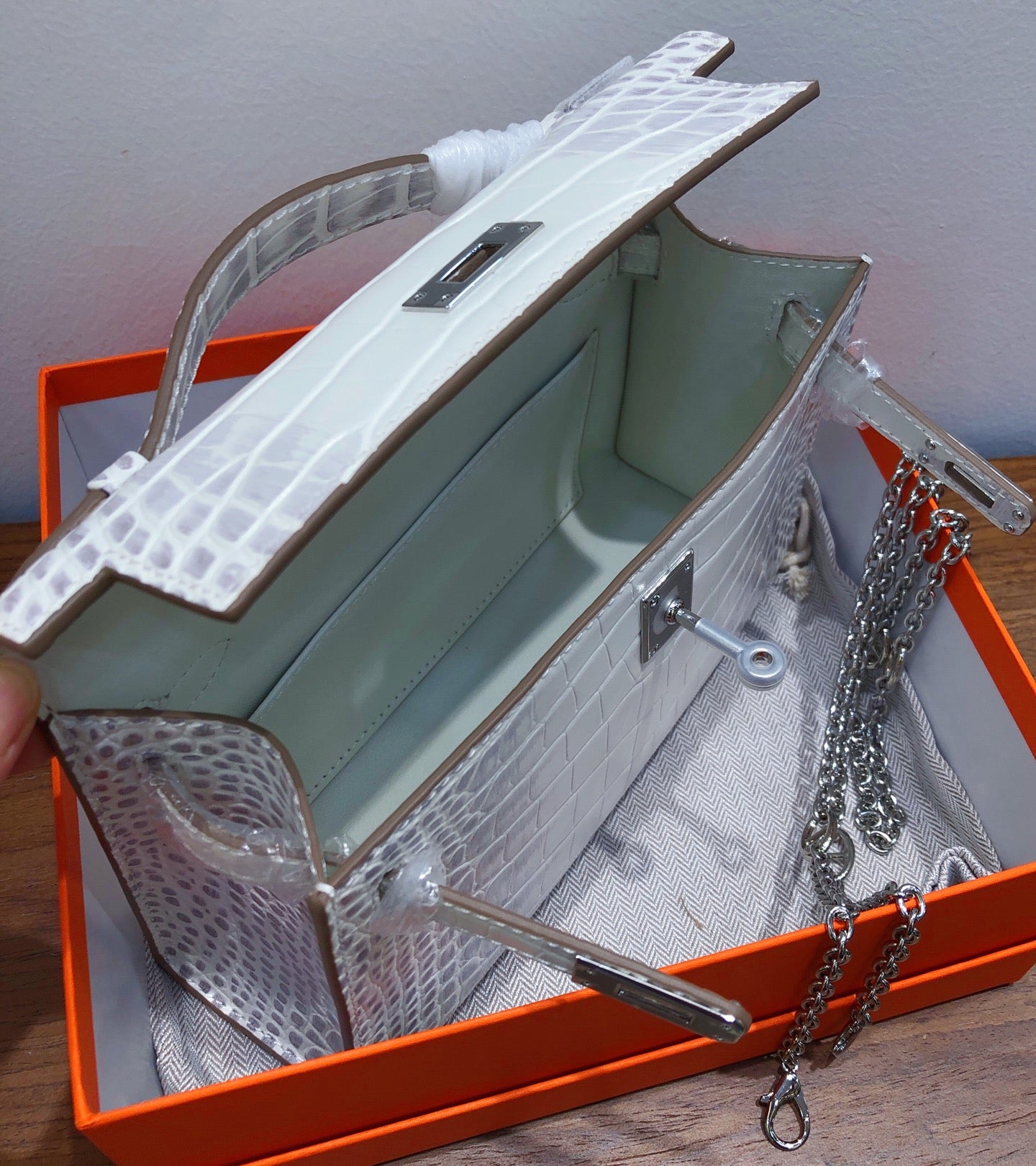Kelly Pochette Himalaya Niloticus Crocodile Leather Palladium Hardware & Palladium Hardware Women Clutch Handbag