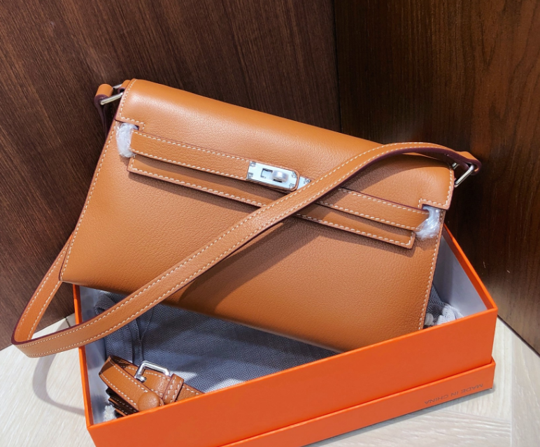 Kelly Elan 25 Underarm Baguette Bag, Genuine Top Layer Cowhide Goat Grain Leather, Silver Hardware Caramel Brown Shoulder Purse, Vintage Classic Fall Winter Must-Have Handbag Size 25×6.5×15cm