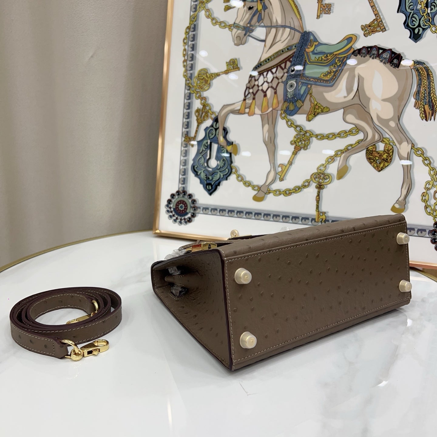 Hermès Kelly Sellier 25 Ostrich Etoupe Gold Hardware