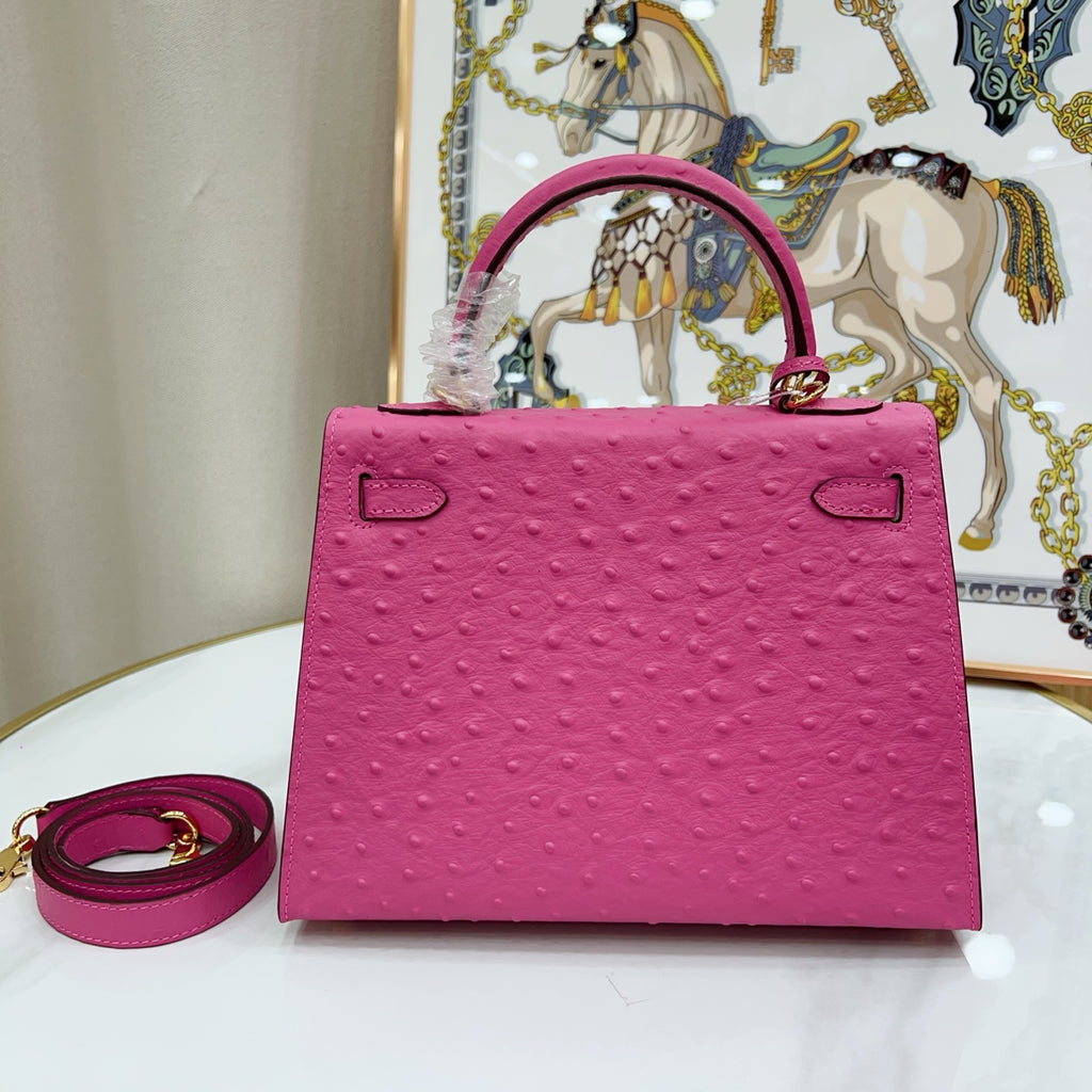 Kelly Sellier 25cm Rose Tyrien Ostrich Gold Hardware Designer Crossbody Tote