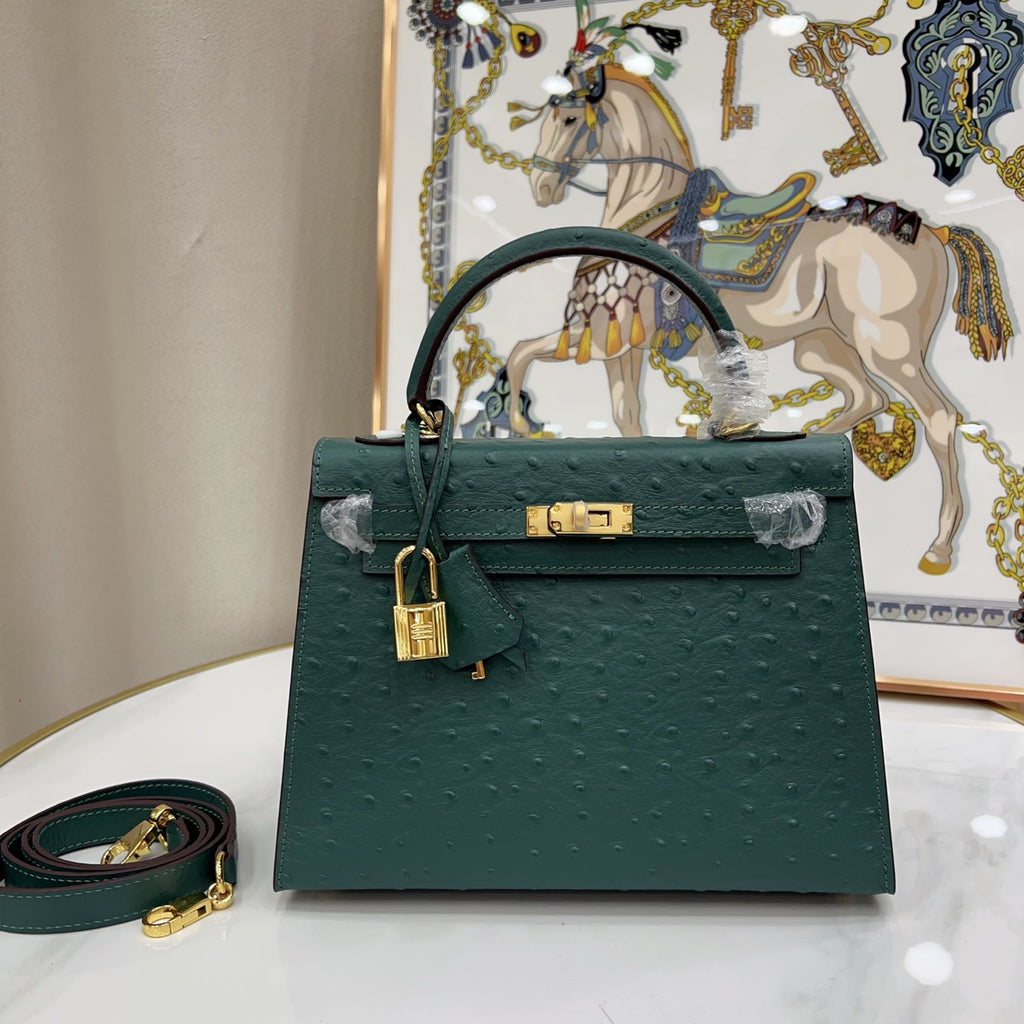 Kelly Sellier 25cm Vert Cypress Ostrich Gold Hardware Vintage Women Handbag