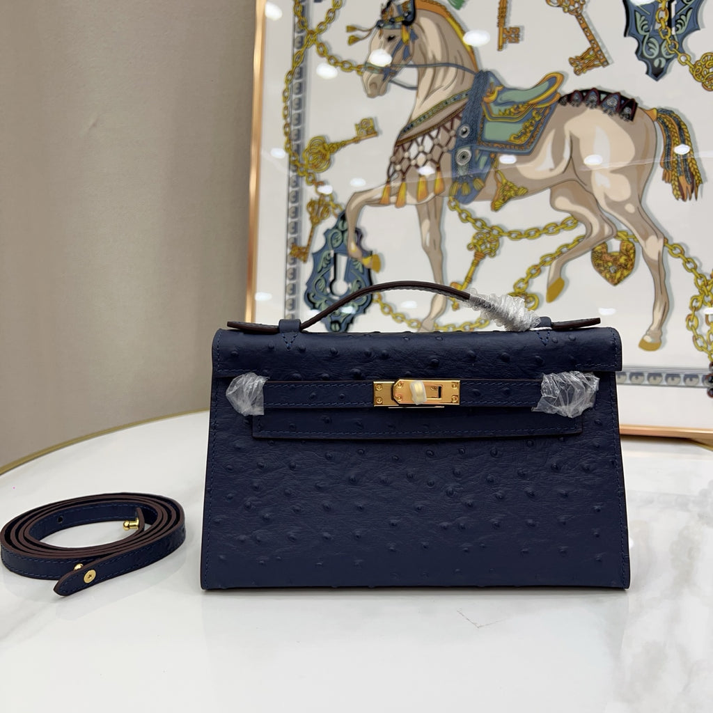 Mini Kelly Sellier 22cm Bleu Nuit Ostrich Leather Gold Hardware Women Mini Handbag