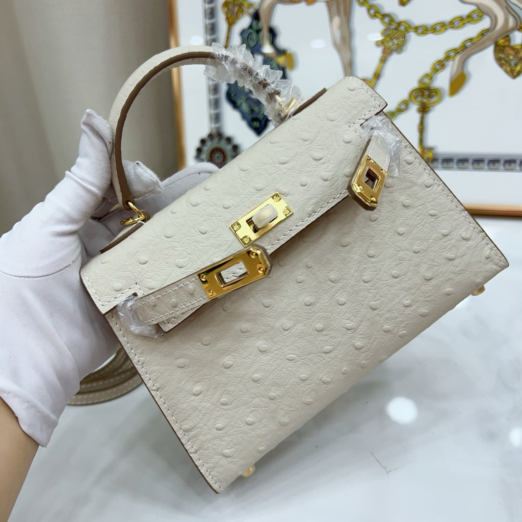 Mini Kelly II 19cm Sellier Craie Ostrich Gold Hardware Premium Women Daily Handbag