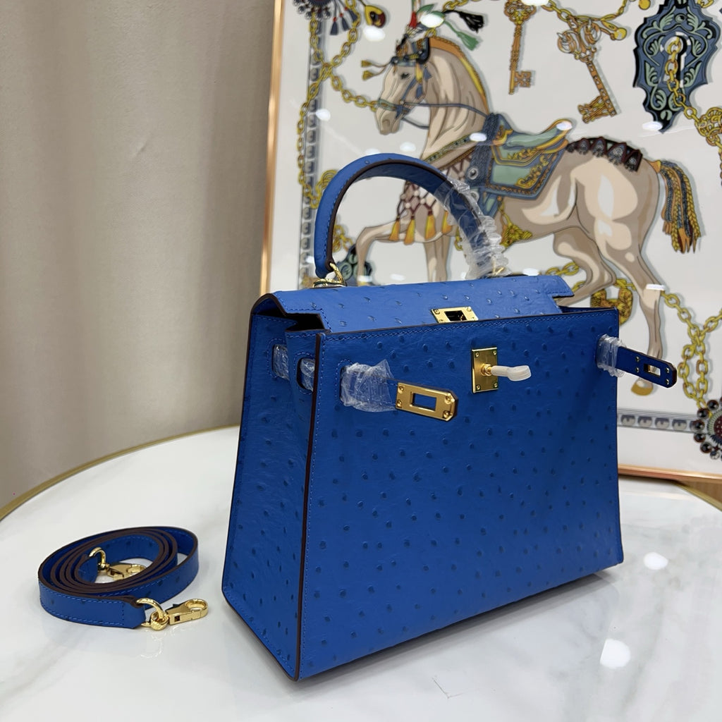 Kelly Sellier 25cm Bleu Electrique Ostrich Gold Hardware Premium Crossbody Purse