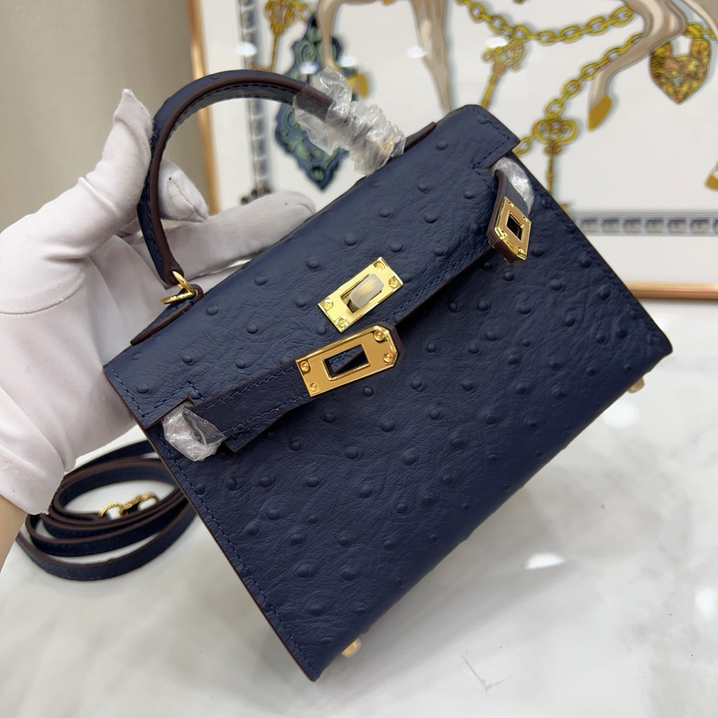 Mini Kelly Sellier 19cm Bleu Nuit Ostrich Leather Gold Hardware Women Mini Handbag