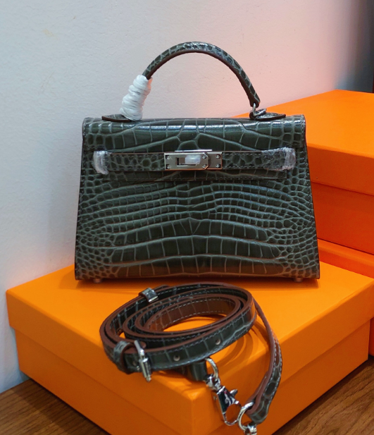 Kelly Sellier 19cm Gris Elephant Shiny Crocodile Leather Gold Hardware & Palladium Hardware Women Handbag