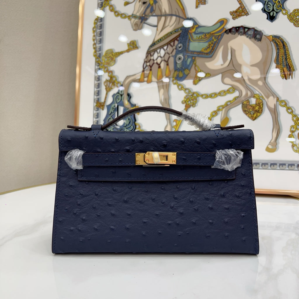 Mini Kelly Sellier 22cm Bleu Nuit Ostrich Leather Gold Hardware Women Mini Handbag