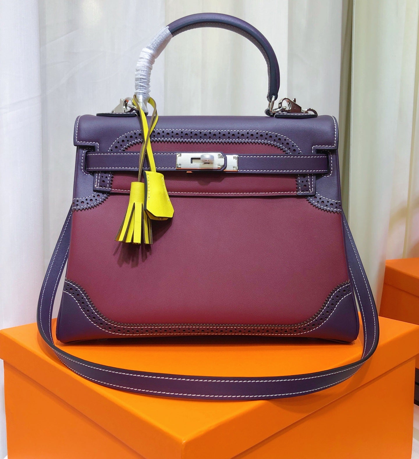 Kelly Sellier Ghillies 28cm Bordeaux & Marron Foncé Barenia Leather Palladium Hardware Women Handbag