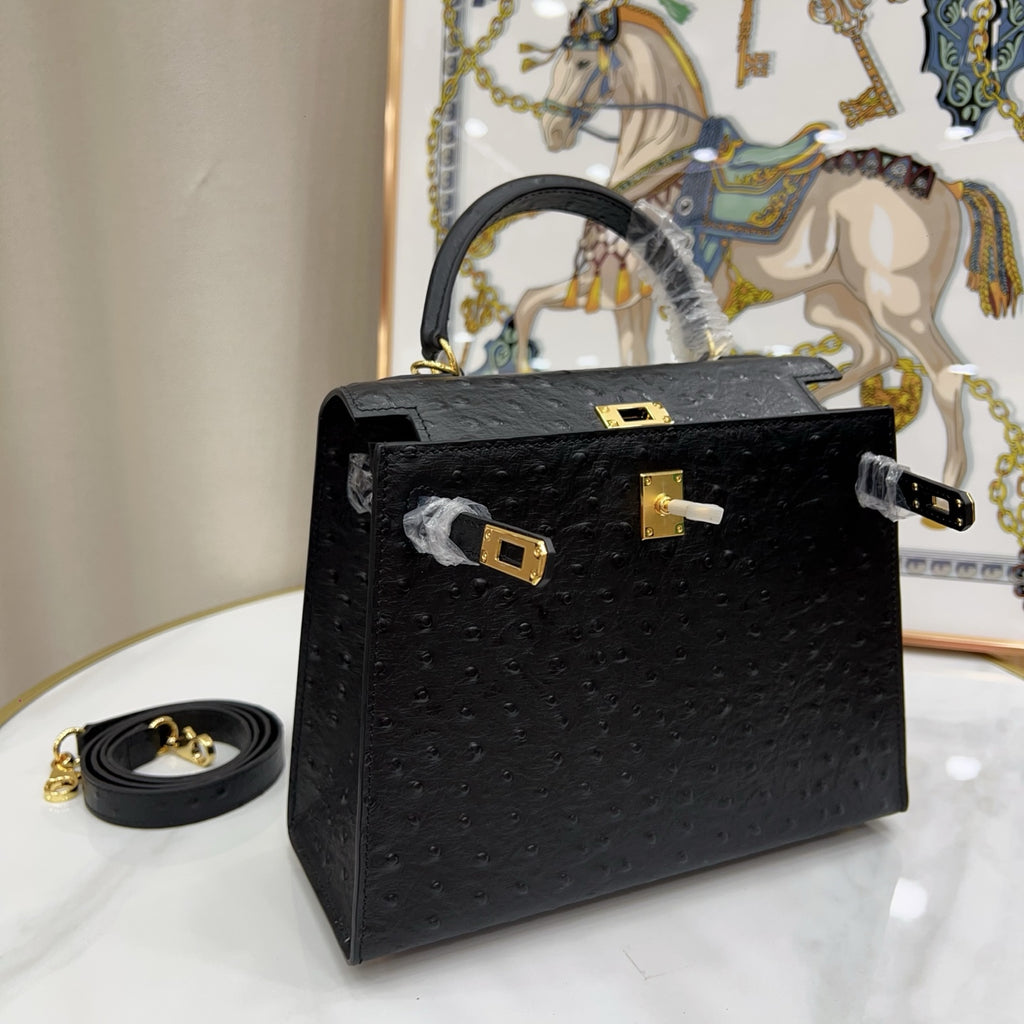 Kelly Sellier 25cm Noir Black Ostrich Gold Hardware Designer Shoulder Tote