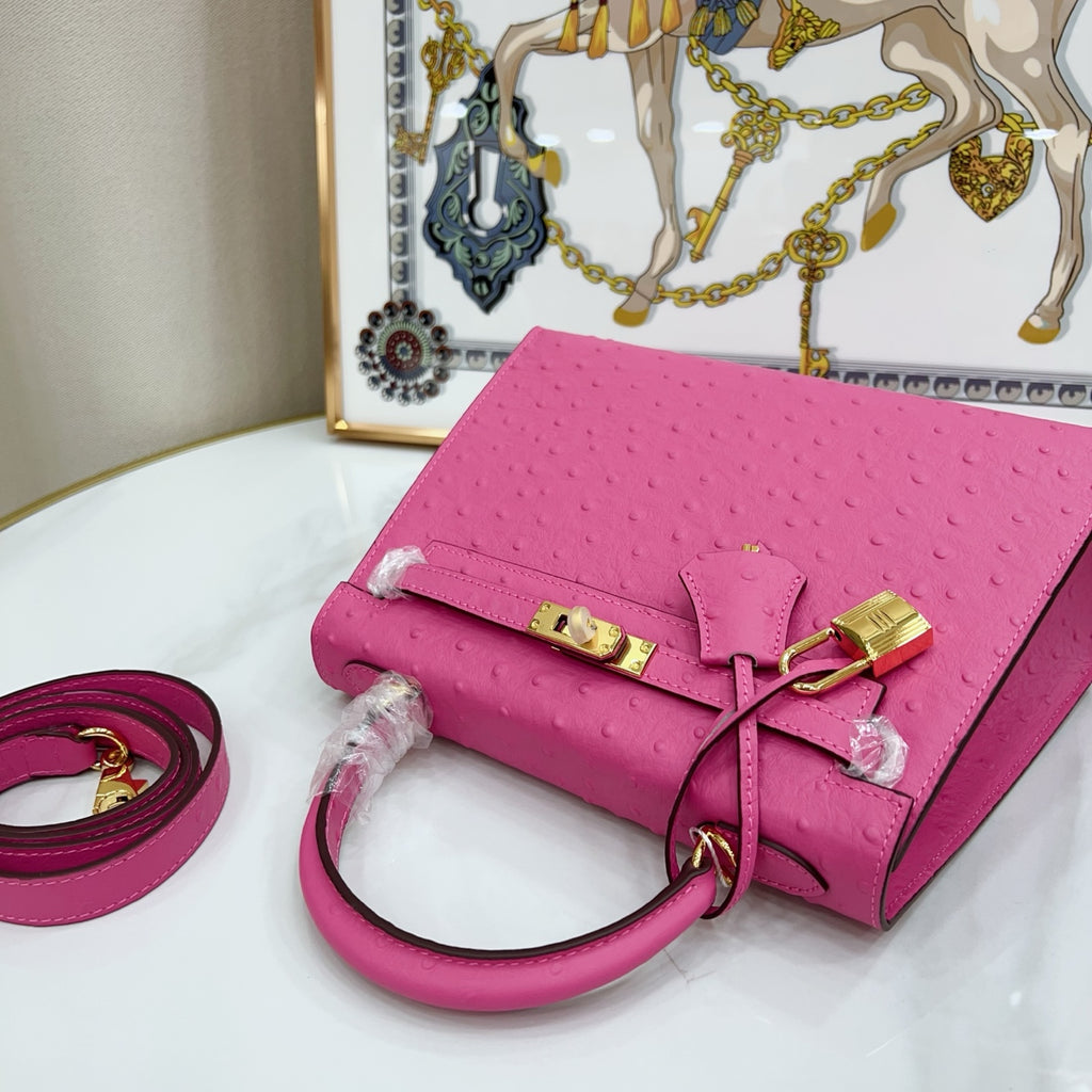 Kelly Sellier 25cm Rose Tyrien Ostrich Gold Hardware Designer Crossbody Tote