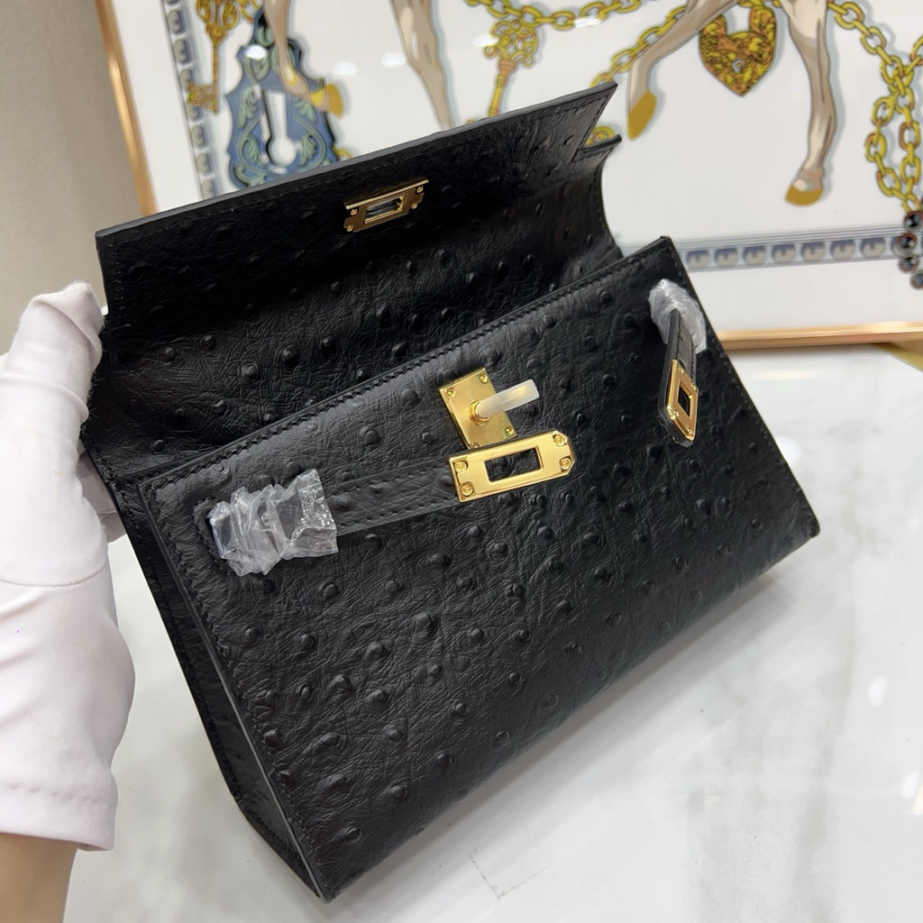 Mini Kelly Sellier 22cm Noir Ostrich Leather Gold Hardware Women Mini Handbag