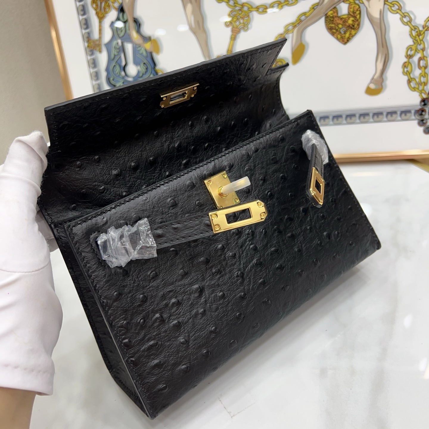 Mini Kelly Sellier 22cm Noir Ostrich Leather Gold Hardware Women Mini Handbag
