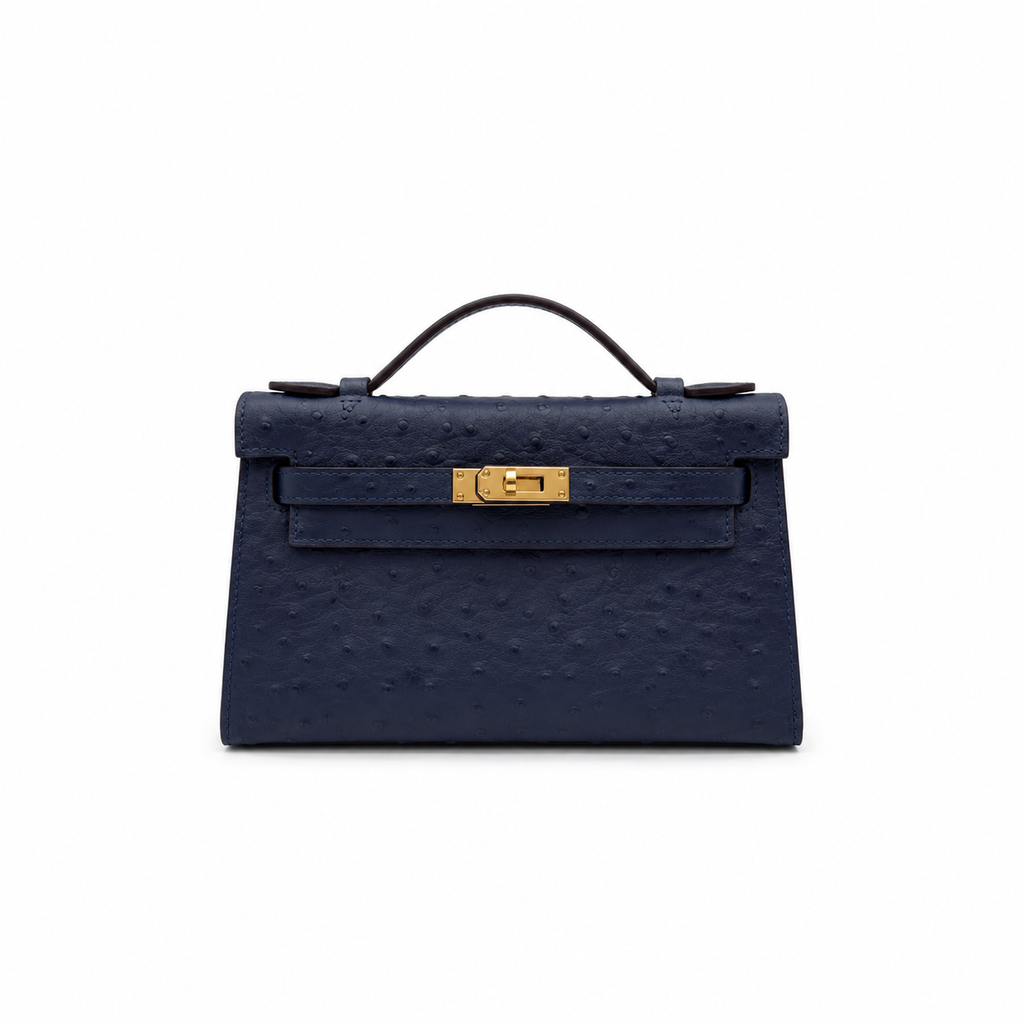 Mini Kelly Sellier 22cm Bleu Nuit Ostrich Leather Gold Hardware Women Mini Handbag